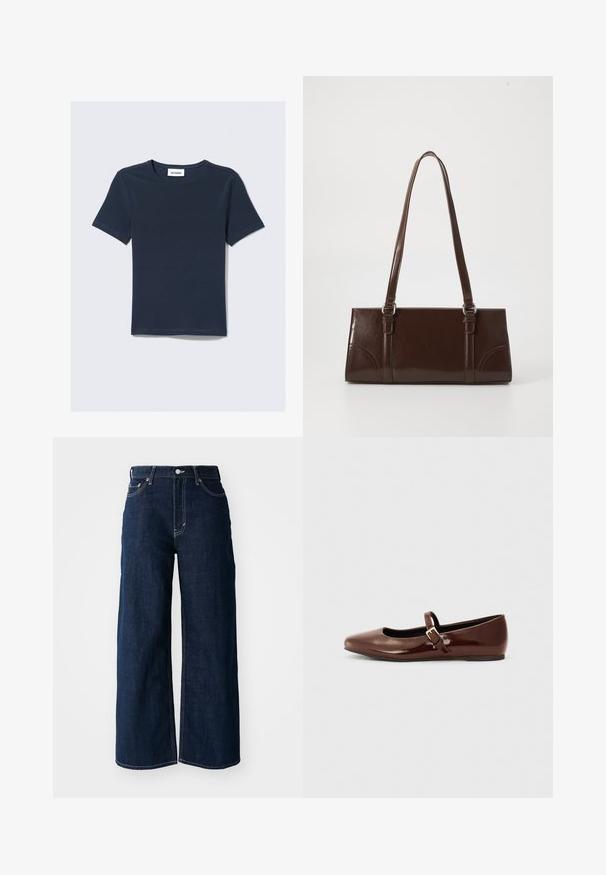T-shirt bleu marine à manches courtes avec un col rond. Fabriqué en tissu doux, comportant une étiquette marquée "WEEKDAY" au niveau du cou.; Jeans en denim bleu foncé à jambes larges avec des coutures contrastées, un design à cinq poches et une fermeture à bouton à la taille.; Ballerine en cuir verni marron avec un bout carré et une lanière ornée d'une petite boucle dorée. Texture lisse, talon bas et design minimaliste.; Sac à main en cuir verni marron de forme rectangulaire, avec deux longues poignées et des accents courbés subtils à l'avant.