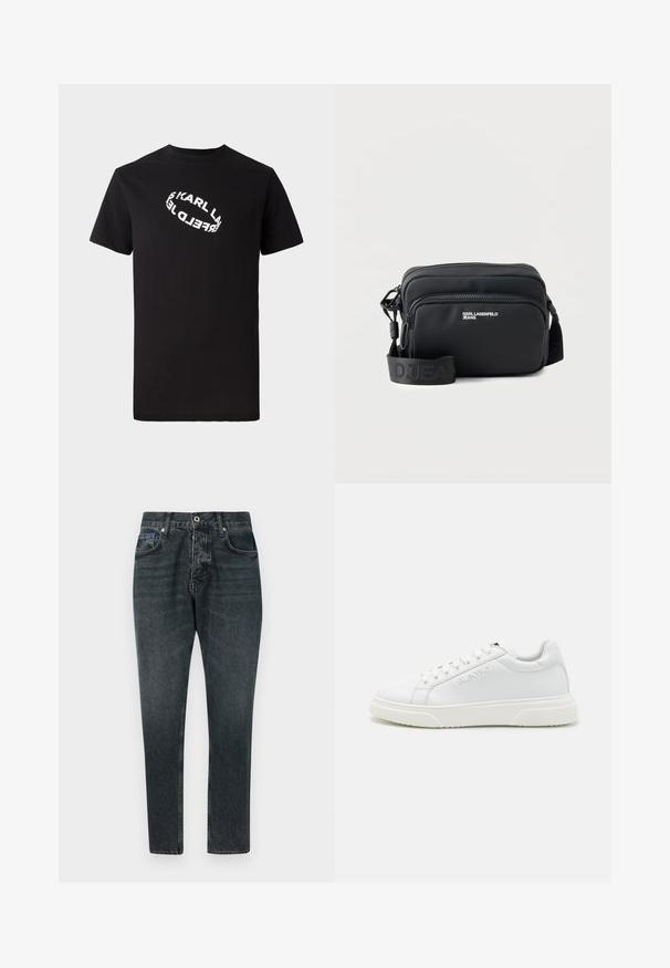 Must värvi puuvillane t-särk lühikeste varrukatega ja ümmarguse kaelusega. Ees on valge, moonutatud logotekst.; Tumedad halli denim püksid otse lõikega, viie tasku, nööpkinnis ja kerge kulumine. Valmistatud puuvillast, millel on sile tekstuur.; Valged nahast tossud madala ülemise disainiga, millel on toon-toonis õmblused ja tekstuuriga kummist tald. Brändi logo on švaibroodeeritud küljele.; Must ristkülikukujuline üleõlakott kahe tõmblukuga taskuga, „KARL LAGERFELD JEANS“ logoga ja reguleeritava bränditud rihmaga valgel taustal.
