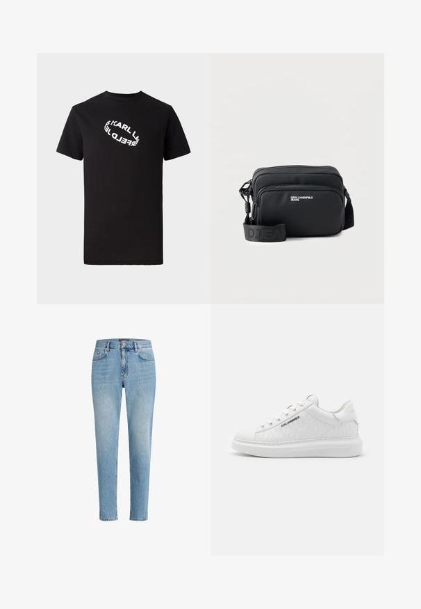Camiseta de algodón negra con mangas cortas y cuello redondo. Presenta un texto de logo distorsionado en blanco impreso en el frente.; Jeans de mezclilla azul claro con un ajuste relajado, diseño de cinco bolsillos y un ligero desgaste. Presenta una etiqueta de marca cerca de la cintura.; Zapatilla blanca hecha de cuero suave con un patrón en relieve. Presenta punta redonda, cordones en la parte frontal y suela texturizada. Detalle del logo en plata en el lateral.; Bolso bandolera rectangular negro con dos compartimentos con cremallera, logo "KARL LAGERFELD JEANS" y correa ajustable de marca sobre fondo blanco.