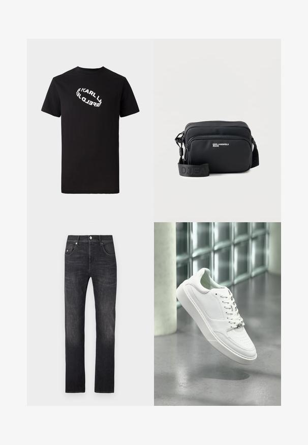 Camiseta de algodón negra con mangas cortas y cuello redondo. Presenta un texto de logo distorsionado en blanco impreso en el frente.; Jeans de mezclilla gris oscuro con corte recto, que cuentan con cinco bolsillos, cierre de botón y detalles sutiles de descolorido a lo largo de las piernas.; Zapatilla deportiva de cuero blanco con punta redondeada, cierre frontal con cordones y suela plana de goma. Presenta detalles perforados y un sutil acento con el logo.; Bolso bandolera rectangular negro con dos compartimentos con cremallera, logo "KARL LAGERFELD JEANS" y correa ajustable de marca sobre fondo blanco.