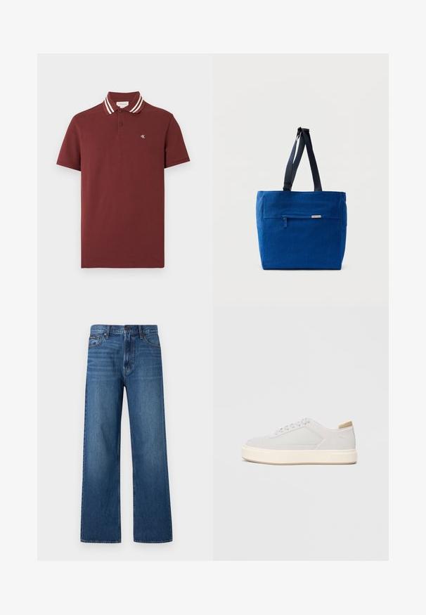 Polo manches courtes marron avec double rayures blanches sur le col et petit logo "cK" blanc sur la poitrine gauche.; Jean bleu à taille haute et coupe droite, avec bouton et fermeture éclair à l'avant, cinq poches, et un petit patch de marque sur la poche droite.; Baskets gris clair avec une tige synthétique lisse, un bout rond et une semelle intermédiaire texturée couleur crème. Accents beige clair au niveau du talon.; Sac fourre-tout en toile bleue avec une poche zippée à l'avant, des doubles bretelles et une forme rectangulaire. Dispose d'une étiquette de marque discrète.