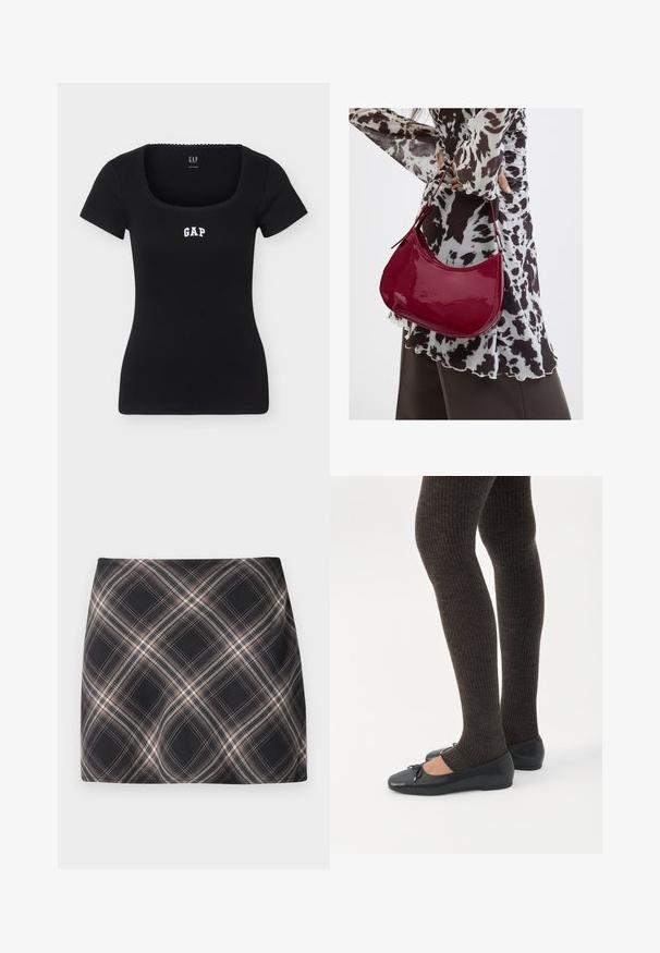 Top noir ajusté à manches courtes avec encolure carrée et logo "GAP" centré sur la poitrine en lettres blanches.; Jupe mini à carreaux noir et beige avec un motif à checks diagonal, taille ajustée et texture de tissu lisse.; Jambes portant des leggings côtelés foncés associés à des ballerines noires avec de petits détails en nœud sur fond blanc.; Femme portant un chemisier à motif noir et blanc tenant un sac à main rouge brillant sur un fond uni.