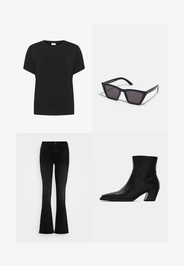 T-shirt en coton noir avec un col rond et des manches courtes. Le tissu a une texture lisse et une coupe décontractée, sans motifs visibles.; Jeans évasés noirs, en tissu denim, avec une taille haute, cinq poches et une fermeture par bouton à l'avant. Texture lisse avec un minimum de détails.; Bottine en cuir noir avec un bout pointu, une silhouette élégante et un talon carré massif. Texture lisse avec des détails de couture minimalistes.; Lunettes noires angulaires avec des verres gris ; fabriquées en plastique, avec des branches épaisses à la surface lisse et sans matériel visible.