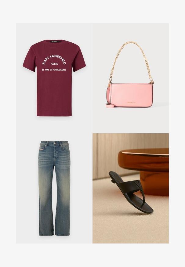 Bordeauxfarbenes T-Shirt mit kurzen Ärmeln und weißem Aufdruck "KARL LAGERFELD PARIS 21 RUE ST-GUILLAUME" zentral auf der Vorderseite.; Hellblaue Jeans aus Denim mit geradem Bein. Ausgestattet mit einem Knopfverschluss, Vordertaschen und leichtem Verblassen an den Oberschenkeln.; Schwarze Lederdamensandale mit niedrigem Absatz, die über einem beigen Teppich neben einem runden braunen Tisch in einem minimalistischen Innenraum schwebt.; Pinkfarbene Lederhandtasche mit goldener Kettenriemen und kleinem passenden Handgelenksriemen, Michael Kors-Logo mittig vorne geprägt.