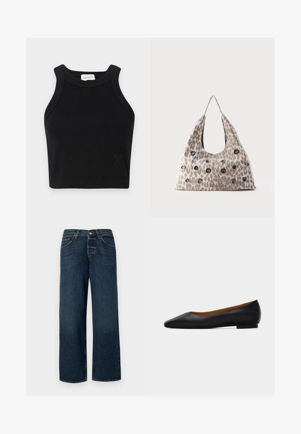 Schwarzes geripptes Cropped Top mit taillierter Passform, breiten Schulterträgern und einem dezenten Logo-Detail. Aus dehnbarem Material für höchsten Tragekomfort gefertigt.; Dunkelblaue Jeans aus Denim mit geradem Schnitt, fünf Taschen und Metallbeschlägen. Verfügt über eine leichte Ausbleichung und einen sauberen Saum.; Schwarzer flacher Schuh aus Leder mit spitz zulaufender Vorderkappe, niedrigem Absatz und glatter Oberfläche, von der Seite vor einem hellgrauen Hintergrund dargestellt.; Beige Handtasche mit Leopardenmuster, vorne mit schwarzen Metallösen versehen, und einem einzelnen Tragegriff, vor schlichtem Hintergrund.
