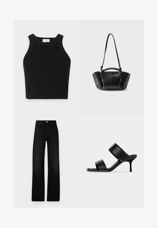 Top corto negro de canalé con un diseño ceñido, tirantes anchos y un sutil detalle del logo. Fabricado con material elástico para mayor comodidad.; Pantalones vaqueros anchos de color negro, confeccionados en denim. Presentan una cintura alta, dos bolsillos frontales y cierre con botón metálico. Acabado texturizado con un desvanecimiento mínimo.; Sandalia mule de cuero negro con dos tiras anchas y un tacón de aguja delgado de altura media sobre un fondo claro y sencillo.; Bolso de mano de cuero negro con una silueta curva, lados reunidos, asa trenzada y una correa larga y delgada sobre un fondo blanco.