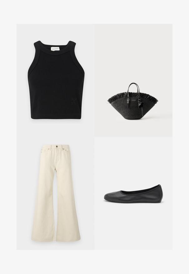 Čierny rebrovaný crop top so štíhlym strihom, širokými ramennými popruhmi a diskrétnym logom. Vyrobený z elastického materiálu pre pohodlie.; Svetlo béžové rozšírené džínsy vyrobené z bavlny. Majú vysoký pás, päť vreciek a gombíkovú podpínku s kontrastným prešívaním.; Čierne kožené baleríny s okrúhlou špičkou, hladkým povrchom, minimálnym prešívaním a flexibilným dizajnom podrážky.; Čierna tkaná taška typu tote so širokým tvarom v tvare vejára, strapcami na hornom okraji, dvoma rúčkami a ozdobnou mašľou na jednej rúčke.