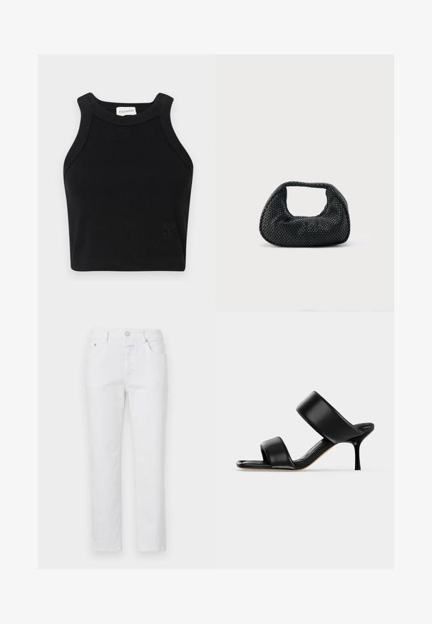 Čierny rebrovaný crop top so štíhlym strihom, širokými ramennými popruhmi a diskrétnym logom. Vyrobený z elastického materiálu pre pohodlie.; Biele deninové džínsy so strihom rovného nohu, piatimi vreckami a kovovou gombíkovou uzávierkou. Majú jemnú textúru a svetlé šitie.; Čierna kožená mule sandála s dvoma širokými remienkami a úzkym, stredne vysokým ihličkovým podpätkom na jednoduchom svetlom pozadí.; Čierna tkaná kabelka hobo s mäkkou štruktúrou a integrovanou rukoväťou, zobrazená na jednoduchom svetlom pozadí.