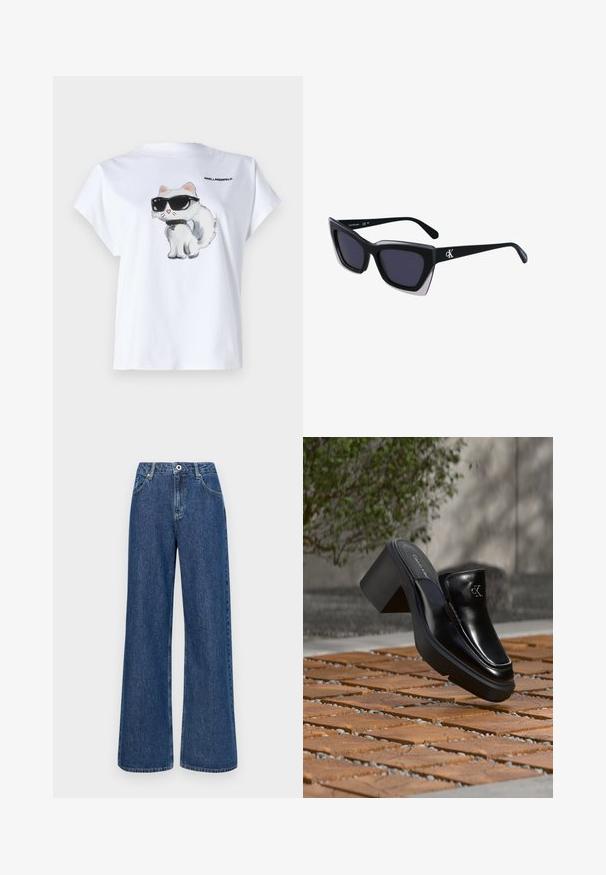 Hvid bomuld t-shirt med en tegneserie af en kat med solbriller på fronten. Korte ærmer og rund halsudskæring. Logo trykt på ryggen.; Bredde blå denim jeans med høj talje, udstyret med forlommer og en enkelt knaplukning. Tekstureret stof med synlige sømme.; Sort læder Calvin Klein slip-on mule med blokhæl, der hviler på trætøj udendørs nær en grøn plante og en grå væg.; Store sorte oversized solbriller med geometrisk form, med mørke linser og en kontrasterende grå detalje på stellet. Logo på armen.