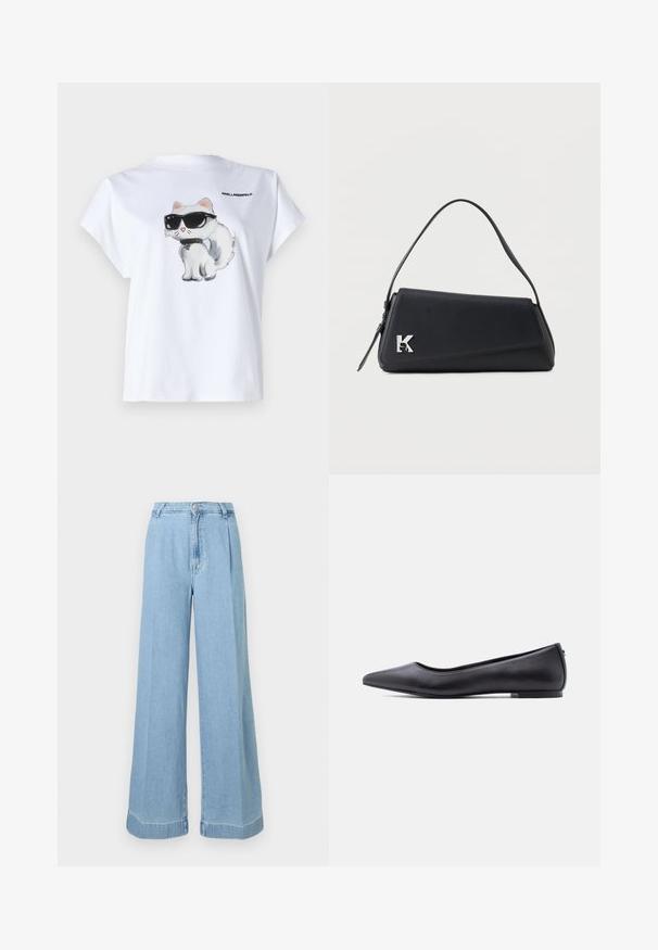 Hvid bomuld t-shirt med en tegneserie af en kat med solbriller på fronten. Korte ærmer og rund halsudskæring. Logo trykt på ryggen.; Lyseblå denim bredbenede jeans med høj talje, folder foran og rå kant for et afslappet look.; Sort flad lædersko med spidst tåparti og lav hæl, vist i sideprofil mod en hvid baggrund.; Sort lædertaske med en tynd rem, trekantet klaplukning og sølv dekorativt 'K' detalje på det forreste hjørne.
