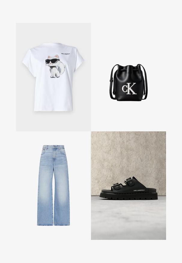 Weißes Baumwoll-T-Shirt mit einem Cartoon-Katze mit Sonnenbrille auf der Vorderseite. Kurzärmlig und mit rundem Halsausschnitt. Logo auf der Rückseite gedruckt.; Hellblaue Jeans mit hoher Taille und weitem Bein, vorne mit Knopf- und Reißverschluss, vorderen und hinteren Taschen sowie einem leicht verwaschenen Detail an der rechten Tasche.; Schwarze Slide-Sandale mit zwei silbernen Schnallen, robuster Sohle und "Karl Lagerfeld"-Markenaufdruck an der Seite, nahe einem braunen runden Tisch auf beigem Boden positioniert.; Schwarze Leder-Bucket-Bag mit Kordelzugverschluss oben und weißem "cK" Logo auf der Vorderseite, mit verstellbarem Schulterriemen.