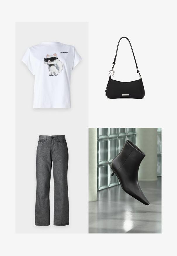 Hvid bomuld t-shirt med en tegneserie af en kat med solbriller på fronten. Korte ærmer og rund halsudskæring. Logo trykt på ryggen.; Grå denim jeans med en let glans, lige ben design, fem lommer, knaplukning og synlige søm detaljer.; Sort læderankelstøvle med spids tå og lille hæl vist mod en væg af glasblokke og poleret gulv baggrund.; Sort skuldertaske med buet bund, justerbar rem, metal logo-plakette og sølvvedhæng formet som et ansigt med solbriller.