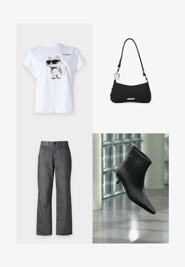 Hvid bomuld t-shirt med en tegneserie af en kat med solbriller på fronten. Korte ærmer og rund halsudskæring. Logo trykt på ryggen.; Grå denim jeans med en let glans, lige ben design, fem lommer, knaplukning og synlige søm detaljer.; Sort læderankelstøvle med spids tå og lav kitten-hæ, vist vinklet mod en poleret gulv- og glasblokvæg.; Sort skuldertaske med buet bund, justerbar rem, metal logo-plakette og sølvvedhæng formet som et ansigt med solbriller.