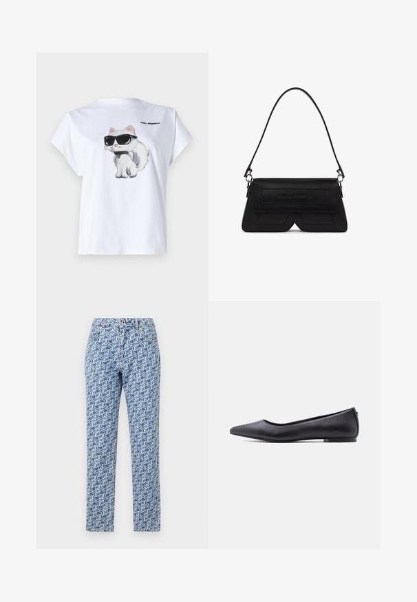 Hvid bomuld t-shirt med en tegneserie af en kat med solbriller på fronten. Korte ærmer og rund halsudskæring. Logo trykt på ryggen.; Lyseblå denimjeans med et geometrisk hvidt mønster, lige ben design, knaplukning og fem lomme stil.; Sort flad lædersko med spidst tåparti og lav hæl, vist i sideprofil mod en hvid baggrund.; Sort skuldertaske formet som en trapez med klap, præget logo foran og en enkelt tynd strop fastgjort med sølvringe.