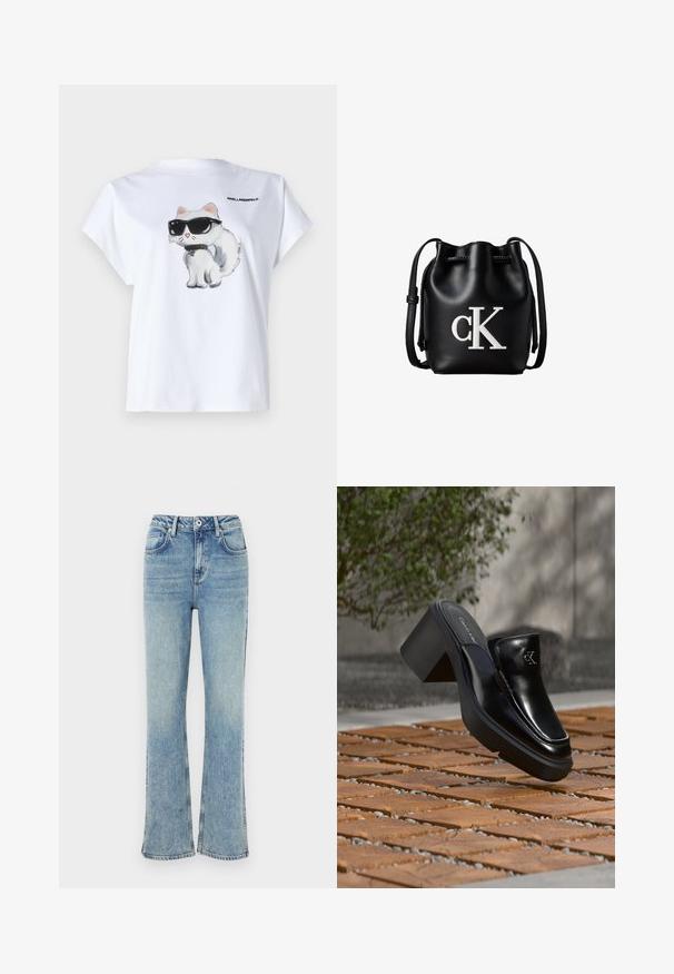 Hvid bomuld t-shirt med en tegneserie af en kat med solbriller på fronten. Korte ærmer og rund halsudskæring. Logo trykt på ryggen.; Lyseblå flared jeans lavet af denim, med knaplukning, fem lommer og diskret falmning for et slidt udseende.; Sort læder Calvin Klein slip-on mule med blokhæl, der hviler på trætøj udendørs nær en grøn plante og en grå væg.; Sort læder bucket taske med snørelukning på toppen og hvidt "cK" logo foran, med justerbar skulderrem.