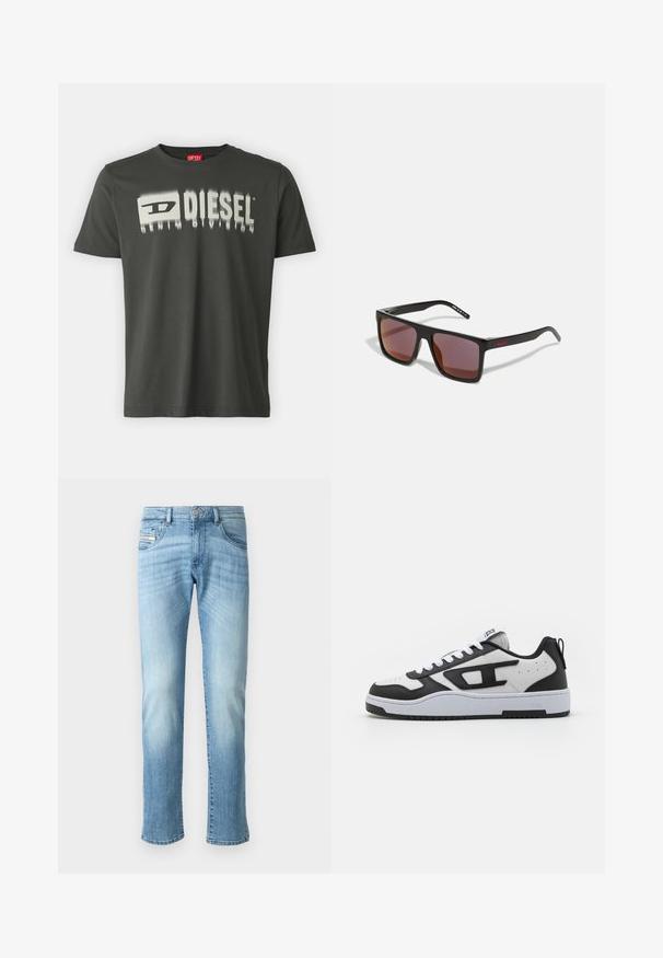 Σκούρο γκρι βαμβακερό T-shirt με λευκή γραφική παράσταση που γράφει "DIESEL" με θολωτό εφέ. Στρογγυλή λαιμόκοψη, κοντά μανίκια και κανονική εφαρμογή.; Ανοιχτό μπλε τζιν με ίσια γραμμή και φθαρμένες λεπτομέρειες, μπροστινό κουμπί και σχεδίαση με πέντε τσέπες σε λευκό φόντο.; Λευκά και μαύρα αθλητικά παπούτσια με υφασμάτινο δέρμα, μαξιλαρωμένο κολάρο, στρογγυλή μύτη και αντίθετη καουτσούκ σόλα. Περιλαμβάνει λευκές κορδόνια και λεπτομέρεια λογότυπου.; Μαύρα ορθογώνια γυαλιά ηλίου με σκούρους κόκκινους φακούς, με ματ φινίρισμα και κόκκινο λογότυπο στον βραχίονα. Ανθεκτικό πλαστικό σκελετό.