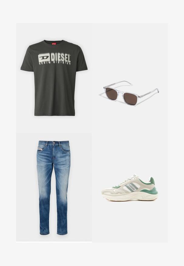 Σκούρο γκρι βαμβακερό T-shirt με λευκή γραφική παράσταση που γράφει "DIESEL" με θολωτό εφέ. Στρογγυλή λαιμόκοψη, κοντά μανίκια και κανονική εφαρμογή.; Μπλέ τζιν παντελόνι με ίσια γραμμή, ξεθωριασμένο φινίρισμα, πέντε τσέπες και κλείσιμο με μεταλλικό κουμπί. Μαλακή υφή με ελάχιστες λεπτομέρειες.; Χαμηλό παπούτσι σε μπεζ και πράσινο με λευκή σόλα, πλαϊνές ρίγες με λογότυπο και υφασμένο σχεδιασμό, γωνιακά προς τα αριστερά σε λευκό φόντο.; Διαφανή πλαστικά γυαλιά ηλίου με ορθογώνιους καφέ φακούς, με λεπτούς, διαφανείς βραχίονες και μεταλλικές λεπτομέρειες στους βραχίονες.