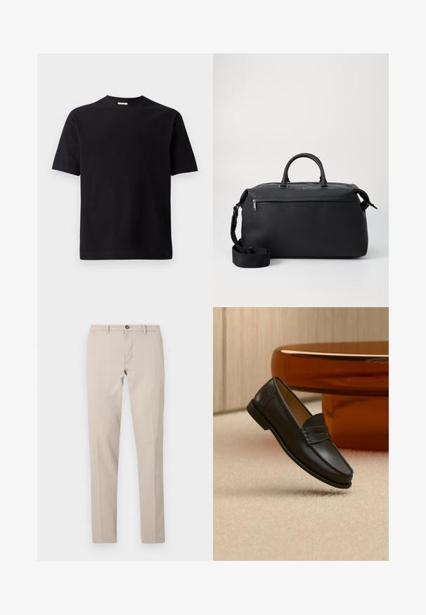T-shirt noir à manches courtes avec un motif géométrique texturé, un col rond et un ourlet droit. Fabriqué en matériau doux et respirant.; Pantalon beige ajusté avec passants de ceinture, fermeture par bouton et zip à l'avant, présenté à plat sur un fond blanc.; Chaussure mocassin en cuir noir suspendue au-dessus d’un tapis beige avec du mobilier moderne couleur ambre en arrière-plan.; Sac de voyage en cuir noir avec deux poignées supérieures, une bandoulière amovible et une poche avant zippée pour un espace de rangement supplémentaire.
