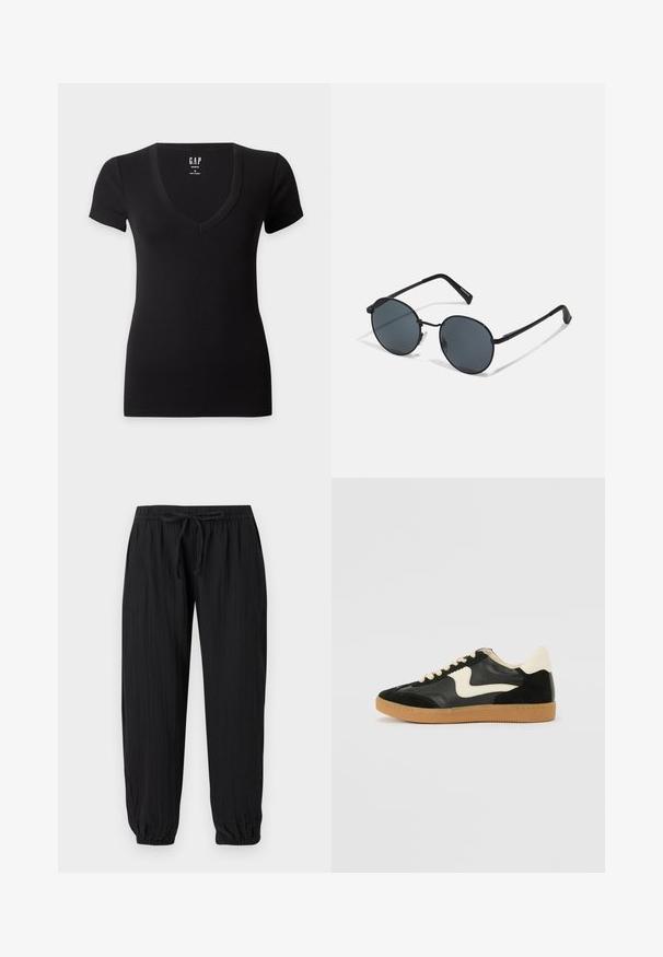 T-shirt noir ajusté à manches courtes avec un col en V profond et une étiquette GAP à l’intérieur de l’encolure.; Pantalon noir léger avec taille élastique, fermeture à cordon de serrage et poignets élastiques aux chevilles.; Baskets en daim et cuir noir avec un swoosh latéral crème et un talon crème clair. Dotées de lacets beige et d'une semelle en caoutchouc gomme.; Lunettes de soleil en métal noir avec des verres ronds, teintés foncés, branches fines et plaquettes de nez réglables, arborant un design minimaliste sans logo visible.