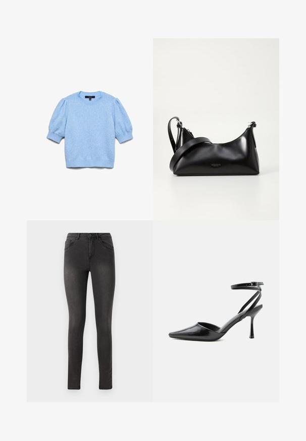 Lyseblå striktrøje med korte pufærmer og ribstrikkede manchetter, halsudskæring og kant.; Sorte skinny jeans med en glat denim texture, fem-lomme design og en metal knaplukning i taljen.; Sort spids højhælet sko med tynde ankelremme og sølvspænde på en ensfarvet lys baggrund.; Sort læderhåndtaske med en glat tekstur. Har en justerbar stropp og et enkelt, minimalistisk design med lynlås.