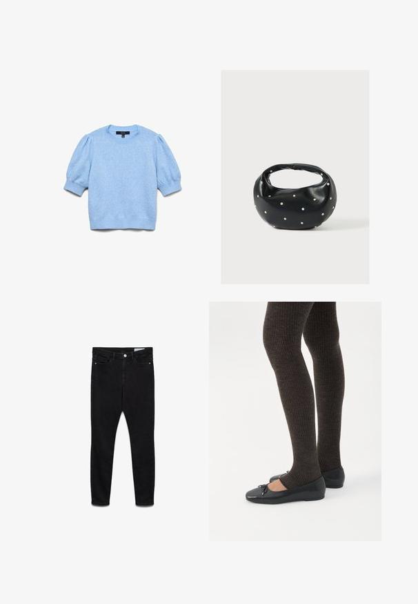 Lichtblauwe gebreide trui met korte opgeblazen mouwen en geribbelde boorden, halslijn en zoom.; Zwarte high-waist skinny jeans met knoop en ritssluiting aan de voorkant, twee voorzakken en twee achterzakken, plat uitgespreid op een witte achtergrond.; Benen met donkere geribbelde leggings gecombineerd met zwarte ballerina's met kleine strikdetails op een witte achtergrond.; Zwarte leren handtas met een afgeronde vorm, versierd met zilveren studs, en een korte handgreep. Gladde textuur en ritsluiting.
