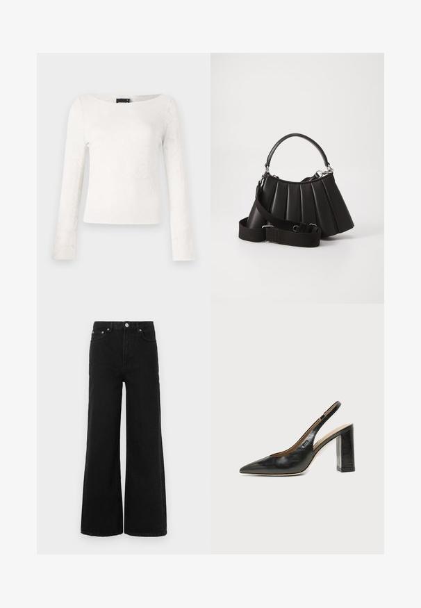 Top blanco de manga larga con un patrón texturizado floral, escote redondo y diseño ajustado. Tejido suave con un acabado liso.; Vaqueros negros de pierna ancha hechos de denim; cuentan con cintura alta, bolsillos delanteros y cierre de botón. Sin patrones o adornos visibles.; Zapato slingback de piel negra con puntera puntiaguda, tacón alto y ancho, y forro interior beige sobre un fondo claro y liso.; Bolso de mano negro con pliegues, manejo redondeado, correa ajustable y textura brillante. Presenta herrajes plateados y una silueta estructurada.