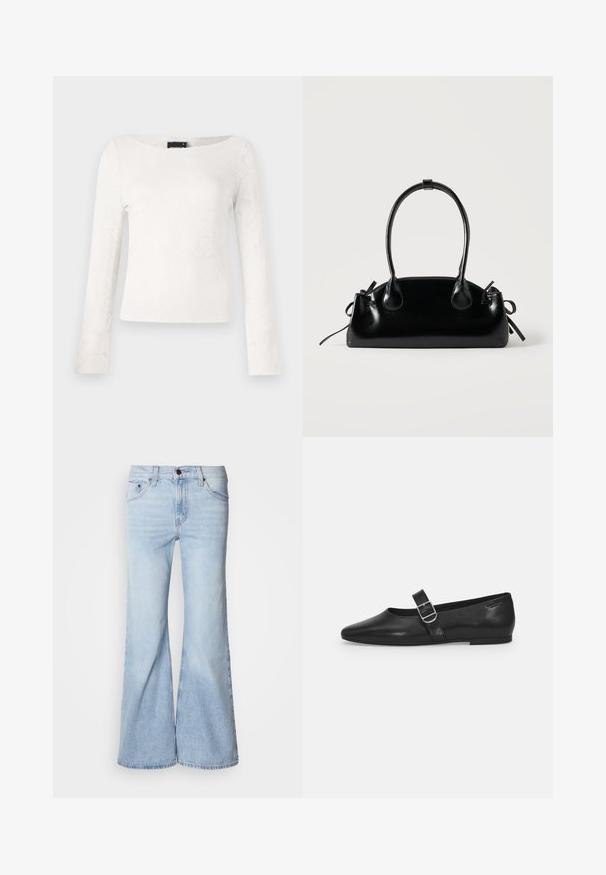 Top blanco de manga larga con un patrón texturizado floral, escote redondo y diseño ajustado. Tejido suave con un acabado liso.; Jeans acampanados azul claro, con cintura alta, tejido vaquero, cinco bolsillos y cierre de botón. Las piernas son anchas y tienen un acabado ligeramente descolorido.; Zapato plano de cuero negro con punta redondeada, una sola correa ajustable con hebilla y una textura suave y brillante. Diseño minimalista con un tacón bajo.; Pequeño bolso negro brillante con dos asas largas y detalles de cordón lateral sobre un fondo claro liso.
