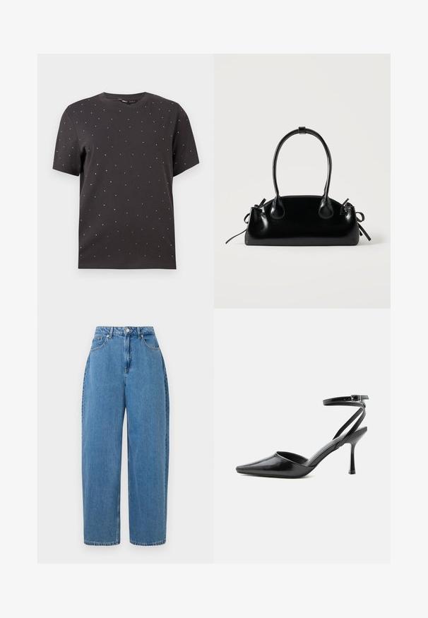 T-shirt noir à manches courtes avec un col rond et des clous métalliques dispersés sur le devant, fabriqué en coton doux.; Un pantalon en denim bleu clair avec une coupe droite, taille haute et fermeture à bouton devant. Il comporte cinq poches et des détails de couture minimaux.; Escarpin noir à bout pointu avec fines brides de cheville et fermeture à boucle argentée sur fond clair uni.; Petit sac à main noir brillant avec deux longues anses et des détails à cordon sur les côtés sur un fond clair uni.
