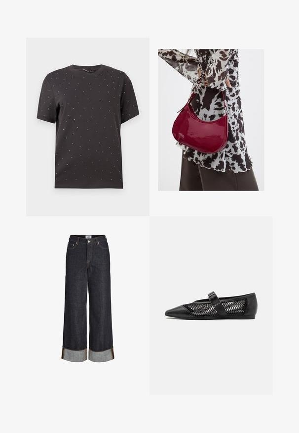 T-shirt noir à manches courtes avec un col rond et des clous métalliques dispersés sur le devant, fabriqué en coton doux.; Jean large bleu foncé avec ourlets retroussés, cinq poches et surpiqûres contrastantes jaunes.; Chaussure plate noire avec un bout pointu, panneaux latéraux en maille et une sangle avec une boucle décorative. Fini lisse sur les sections du bout et du talon.; Femme portant un chemisier à motif noir et blanc tenant un sac à main rouge brillant sur un fond uni.