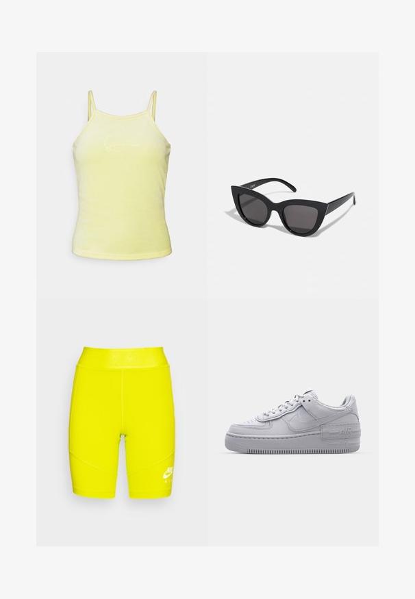 Débardeur jaune sans manches avec une texture douce, présentant des bretelles fines et un design brodé subtil sur le devant.; Shorts de sport taille haute jaunes en matériau extensible, avec le logo et le texte Nike blancs sur la ceinture, présentant des motifs de couture détaillés.; Basket en cuir lisse gris Nike Air Force 1 avec un bout perforé, une semelle épaisse et un détail 'AIR' en relief sur le talon.; Lunettes de soleil noires en forme d'œil de chat avec une finition mate, dotées de verres teintés gris, d'angles aigus et de branches élégantes. Nom de la marque visible sur la branche intérieure.