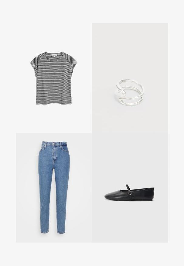 Zwart-wit gestreepte t-shirt met korte mouwen en een ronde hals, van lichtgewicht stof en met een rechte snit, met raglan mouwen.; Blauwe high-waisted straight-leg jeans met een knoop en rits aan de voorkant, riemlussen en zakken, weergegeven op een effen witte achtergrond.; Zwarte leren balletschoenen met een spitse neus, platte zool en een kleine strap met een zilveren gespsluiting.; Zilveren metalen ring met een gedraaid ontwerp en een gladde afwerking. De ring heeft een open vorm met een spiraalaccent en een minimalistische uitstraling.