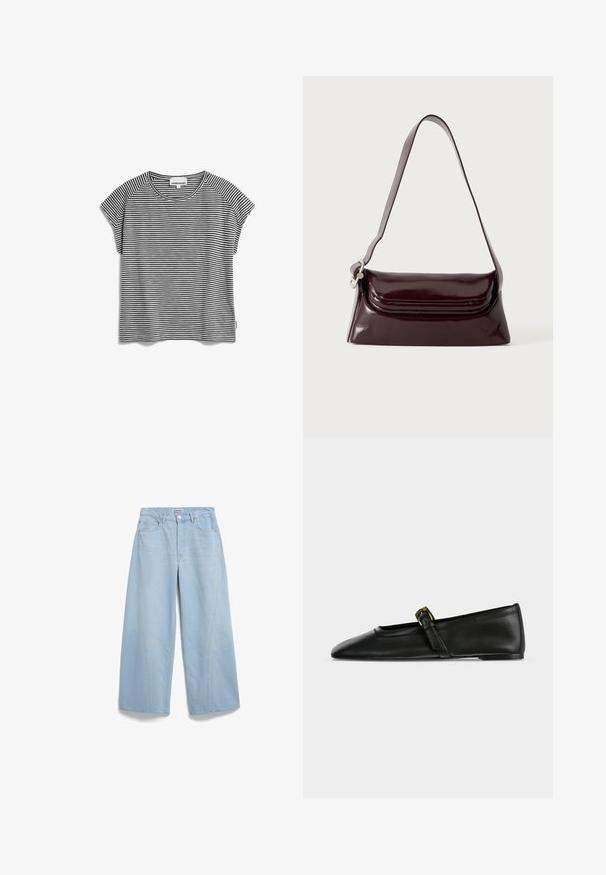 Gestreiftes Kurzarm-T-Shirt in Schwarz und Weiß mit Rundhalsausschnitt, leichtem Stoff und geradem Schnitt, mit Raglanärmeln.; Helle blaue weite Jeans aus Denim, mit hoher Taille, Fronttaschen und subtiler Verwaschung. Geschlossen mit einem Knopfverschluss und Gürtelschlaufen.; Schwarzer Mary-Jane-Ballerina aus Leder mit spitzer Kappe und dünnem Riemchen mit einer kleinen goldenen Schnalle, seitlich auf neutralem Hintergrund dargestellt.; Dunkel bordeauxrote Leder-Schultertasche mit Klappenverschluss und einem schmalen verstellbaren Riemen, präsentiert auf einem schlichten hellen Hintergrund.