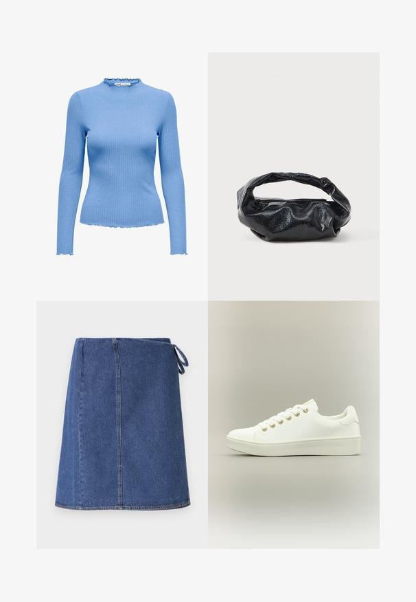 Lyseblå ribstrikket bluse med lange ærmer og skråkanter på krave, manchetter og kant, der fremhæver en tætsiddende silhuet.; Denim indpakningsskørt i mørkeblå. Har en lige snit, synlige syninger og et sideløkke til justering. Glat tekstur og standard kant.; Hvid sneakers lavet af syntetisk materiale, med flad sål, rundet tå, gyldne snørehuller og et minimalistisk design.; Sort taske lavet af blankt, tekstureret materiale med et cirkulært, snoet håndtag og lynlås. Har et blødt, rynket design.