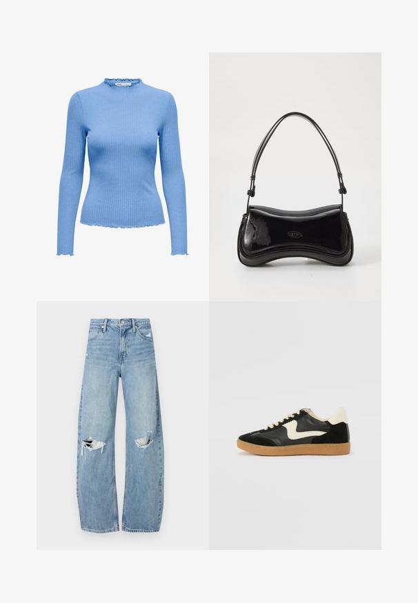 Lyseblå ribstrikket bluse med lange ærmer og skråkanter på krave, manchetter og kant, der fremhæver en tætsiddende silhuet.; Lysblå, højtraljede jeans lavet af denim. Har brede ben, to huller ved knæene og klassisk fem-lommes stil.; Sorte ruskinds- og lædersneakers med en cremefarvet side-swoosh og lys cremefarvet hæl. Har beige snørebånd og en gummirubber-sål.; Sort patentlæder håndtaske med en buet form, et enkelt håndtag og en rund bund. Har en subtil logo-detalje på forsiden.