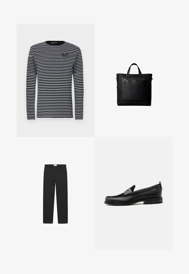 Langærmet skjorte, sort og hvid med vandrette striber, rund hals, stoffet har en glat tekstur, med et lille logo på brystet.; Sorte bukser med lige ben-design, lavet af stof med en glat tekstur, med to forlommer og en standard talje.}}; Sort læderloafer med grå remdetalje, lav hæl og tekstureret sål, mærket med "HUGO" i guld på siden.; Sort taske med dobbelte håndtag, stor læderlomme foran med lynlås og diskret Calvin Klein-logo midt på lommen.