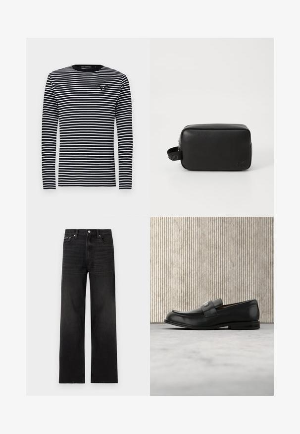 Langærmet skjorte, sort og hvid med vandrette striber, rund hals, stoffet har en glat tekstur, med et lille logo på brystet.; Sorte jeans med lige ben, fem-lomme design, bæltestropper og knaplukning, vist på en hvid baggrund.; Sort læderloafer med metalbrandskilt hvilende nær et brunt rundt bord på beige tæppe.; Sort læder toilettaske med rektangulær form, tekstureret overflade, lynlåslukning og en sidehåndtag med et logo accenter.