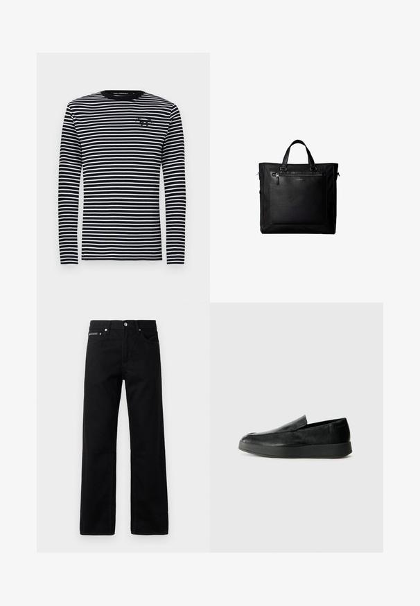 Langærmet skjorte, sort og hvid med vandrette striber, rund hals, stoffet har en glat tekstur, med et lille logo på brystet.; Sorte denim jeans med lige ben, fem lommer og et logo-tag foran, med metalbeslag og en glat tekstur.; Calvin Klein HYBRID CUP - Loafers - triple black; Sort taske med dobbelte håndtag, stor læderlomme foran med lynlås og diskret Calvin Klein-logo midt på lommen.