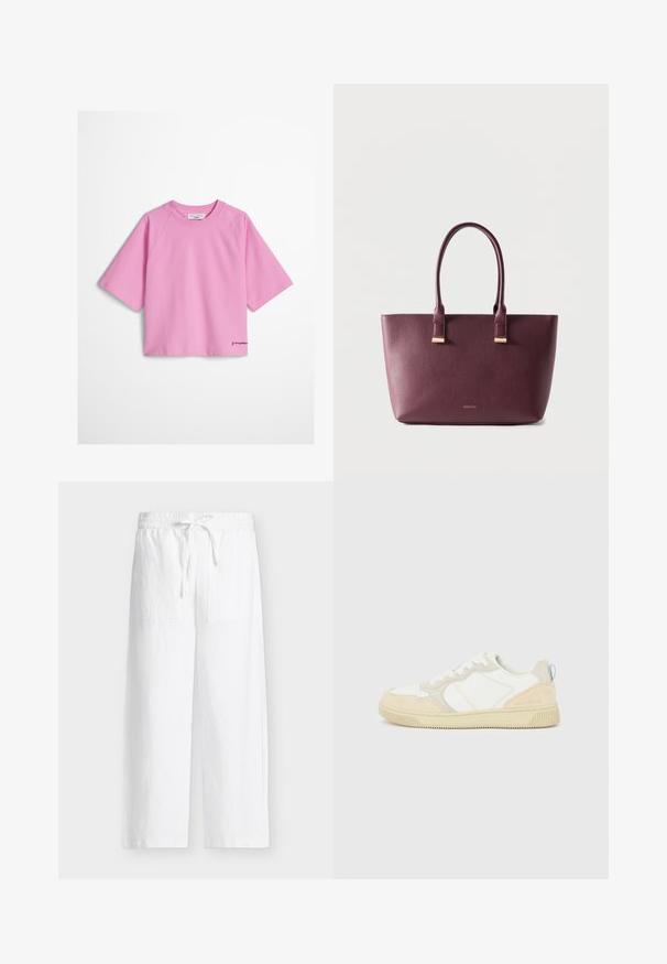 T-shirt court rose pâle à manches courtes avec col rond et petite broderie de logo noir sur l'ourlet inférieur gauche.; Pantalon blanc à jambes larges avec taille élastique, cordon de serrage et deux grandes poches plaquées à l'avant sur fond clair.; Baskets blanches et beiges avec dessus en suède et textile, présentant des coutures contrastées, une semelle en caoutchouc et un accent bleu clair sur le talon.; Sac fourre-tout en cuir violet foncé avec deux poignées et petit logo de marque doré sur le devant, posé sur un fond clair uni.