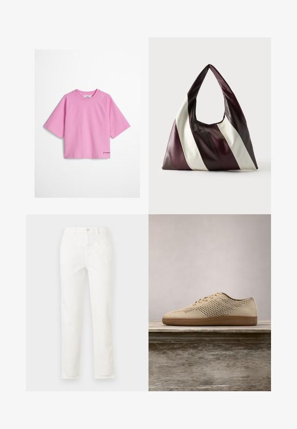 T-shirt court rose pâle à manches courtes avec col rond et petite broderie de logo noir sur l'ourlet inférieur gauche.; Jean blanc à jambes droites avec poches avant, passants de ceinture et fermeture par bouton à la taille.; Baskets perforées beiges avec bout arrondi, design à lacets, tige en tissu texturé et semelle en caoutchouc marron. Présente de petits trous de ventilation tout au long.; Grand sac à main triangulaire en cuir avec de larges rayures diagonales marron foncé, bordeaux et crème sur un fond uni.
