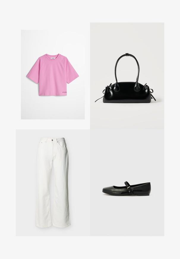 T-shirt court rose pâle à manches courtes avec col rond et petite broderie de logo noir sur l'ourlet inférieur gauche.; Jean blanc taille haute avec fermeture par bouton et fermeture éclair, poches avant, et jambes légèrement évasées, présenté sur un fond uni.; Ballerines en cuir noir avec un bout arrondi, une semelle plate et une fine sangle ajustable sur le cou-de-pied avec une boucle en métal.; Petit sac à main noir brillant avec deux longues anses et des détails à cordon sur les côtés sur un fond clair uni.