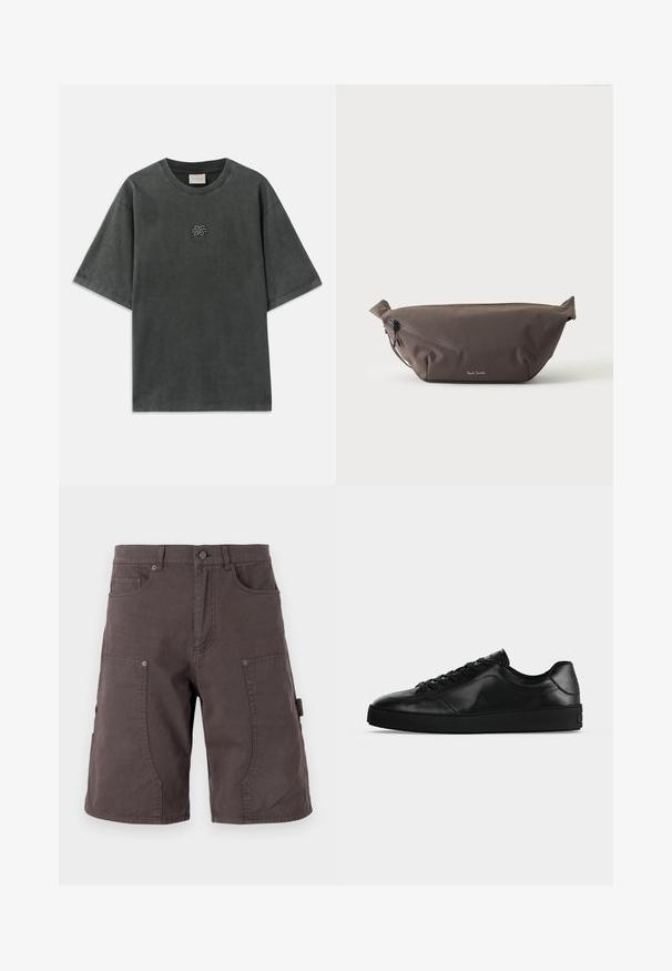 Dunkelgraues oversized T-Shirt mit kurzen Ärmeln, Rundhalsausschnitt und kleinem bestickten Knotendesign mittig auf der Brust.; Dunkelgraue Cargo-Shorts aus Baumwolle mit Fronttaschen, seitlichen Cargotaschen, Knopfverschluss und sichtbarer Naht auf den Beinen.; Niedrig geschnittener schwarzer Ledersneaker mit Schnürung vorne und strukturierter flacher Sohle, seitlich auf neutralem Hintergrund gezeigt.; Dunkelbraune Stoff-Gürteltasche mit diagonalem Reißverschlussfach und kleinem weißen Logo vorne, vor einem einfarbigen hellen Hintergrund.