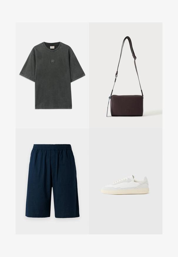 Donkergrijs oversized T-shirt met korte mouwen, ronde hals en klein geborduurd knoopmotief centraal op de borst.; Marineblauwe shorts van lichtgewicht stof, met een elastische tailleband en een ontspannen pasvorm, voorzien van twee zijzakken.; Witte sneaker met een bovenwerk van gestructureerd suède en leer. Voorzien van een afgeronde neus, vetersluiting en een contrasterende beige rubberen zool.; Donkerbruine gestructureerde leren crossbodytas met verstelbare riem en klein decoratief blauw accent aan de zijkant.