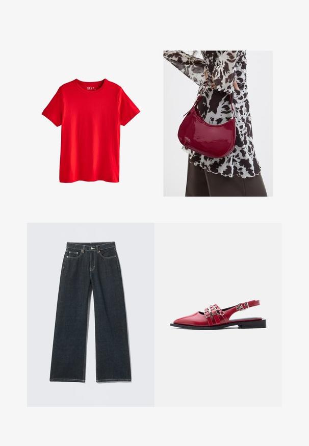Helles rotes kurzärmeliges Baumwoll-T-Shirt mit Rundhalsausschnitt, flach liegend dargestellt ohne sichtbare Muster oder Logos, außer einem kleinen inneren Halslabel.; Dunkelblaue Jeans mit weitem Bein, vorn mit Knöpfen, Reißverschluss, Gürtelschlaufen und fünf Taschen, auf hellem einfarbigem Hintergrund.; Roter spitzer flacher Slingback-Schuh mit drei silbernen Schnallenriemen und niedrigem schwarzen Absatz auf weißem Hintergrund.; Frau trägt eine schwarz-weiß gemusterte Bluse und hält eine glänzende rote Schultertasche vor einem einfarbigen Hintergrund.