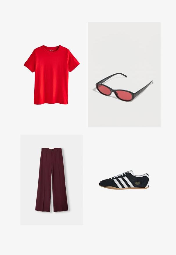 Kirkkaan punainen lyhythihainen puuvillainen T-paita pyöreällä pääntiellä, esitetty tasaisesti ilman näkyviä kuvioita tai logoja, lukuun ottamatta pientä sisäkaulan etikettiä.; Bordeaux leveled pants yang terbuat dari kain halus, dengan penutupan kancing depan dan lipatan bersih untuk penampilan yang terampil.; Mustat mokkakengät, joissa on valkoiset kolme raitaa, kultainen logo ja ruskea kumipohja. Varustettu matalaprofiilisella nauhakiinnityksellä.; Musta, soikea aurinkolasit, ohuilla varsilla ja punertavilla linsseillä, lepää valkoisella pinnalla.