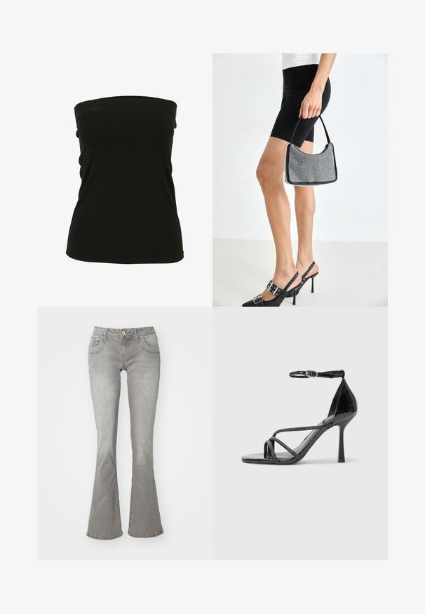Schwarzes trägerloses Top aus elastischem Material, das eine glatte Textur und eine figurbetonte Passform bietet. Keine sichtbaren Metallteile oder Verzierungen.; Graue Schlagjeans mit mittelhoher Taille, Fronttaschen und Knopfverschluss, aus Denimstoff mit glatter Textur.; Schwarze Lackleder-Stiletto-Sandalette mit Knöchelriemen, ausgestattet mit überkreuzten Riemen und einer eleganten spitzen Zehenform.; Schwarze Perlen-Handtasche mit geschwungener Silhouette, Tragegriff und glänzender Textur. Kombiniert mit schwarzen High Heels und enganliegenden schwarzen Shorts.