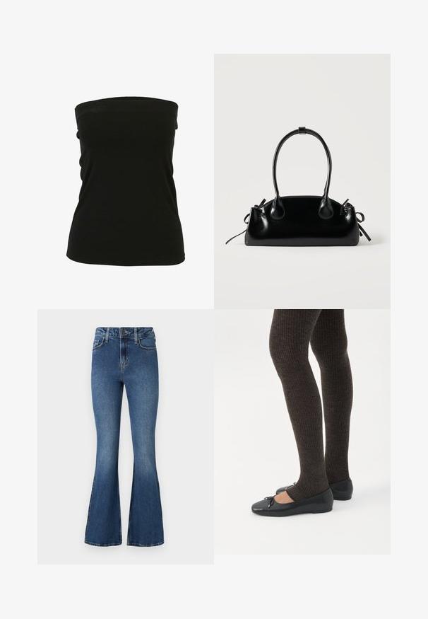 Sort strapless top lavet af strækbart materiale, med en glat tekstur og tætsiddende design. Ingen synlig hardware eller detaljer.; Blå flared denimjeans med høj talje, der har et standard design med fem lommer og knaplukning. Blød tekstur med lettonede detaljer.; Ben iført mørke ribbede leggings kombineret med sorte balletsko med små sløjfedetaljer på hvid baggrund.; Lille sort blank håndtaske med to lange håndtag og snøre-detaljer i siden på en ensfarvet lys baggrund.