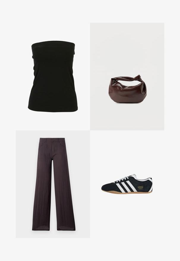 Haut noir sans bretelles en tissu extensible, avec une texture lisse et une coupe ajustée. Aucun matériel ou accent visible.; Pantalons larges gris foncé en tissu léger et texturé avec une finition lisse, dotés de poches frontales et d'une taille classique.; Sneakers en suede noir avec trois bandes blanches, logo doré et semelle en caoutchouc marron. Présente un design à lacets à profil bas.; Sac bandoulière en cuir marron foncé avec une forme souple et décontractée et une anse nouée torsadée sur un fond blanc uni.