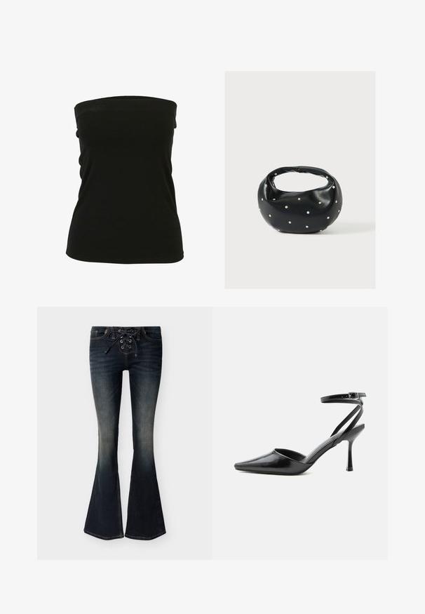 Sort strapless top lavet af strækbart materiale, med en glat tekstur og tætsiddende design. Ingen synlig hardware eller detaljer.; Mørkeblå flare-jeans med snøreføring foran og diskrete falmede områder på lår og knæ.; Sort spids højhælet sko med tynde ankelremme og sølvspænde på en ensfarvet lys baggrund.; Sort læderhåndtaske med en rundet form, dekoreret med sølvnitter, og et kort håndtag. Glat tekstur og lynlåslukning.