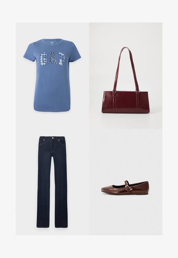 Μπλε κοντομάνικο T-shirt με "GAP" σε μεγάλα γράμματα στο μπροστινό μέρος, με κάθε γράμμα να έχει διαφορετικό μπλε και λευκό μοτίβο.; Σκούρα μπλε τζιν με ίσιο πατρόν, εμπρόσθιες τσέπες, θηλιές για ζώνη, μεταλλικό κουμπί και ραφές λεπτομέρειες σε απλό λευκό φόντο.; Καφέ πατεντα δερμάτινη μπαλαρίνα με τετράγωνη μύτη και λουράκι που διαθέτει μια μικρή χρυσή πόρπη. Λείος υφή, χαμηλό τακούνι και μινιμαλιστικός σχεδιασμός.; Μπορντό τσάντα ώμου από γυαλιστερό υλικό, ορθογώνιο σχήμα, με δύο ιμάντες ώμου και λεπτές καμπύλες λεπτομέρειες στο μπροστινό μέρος.