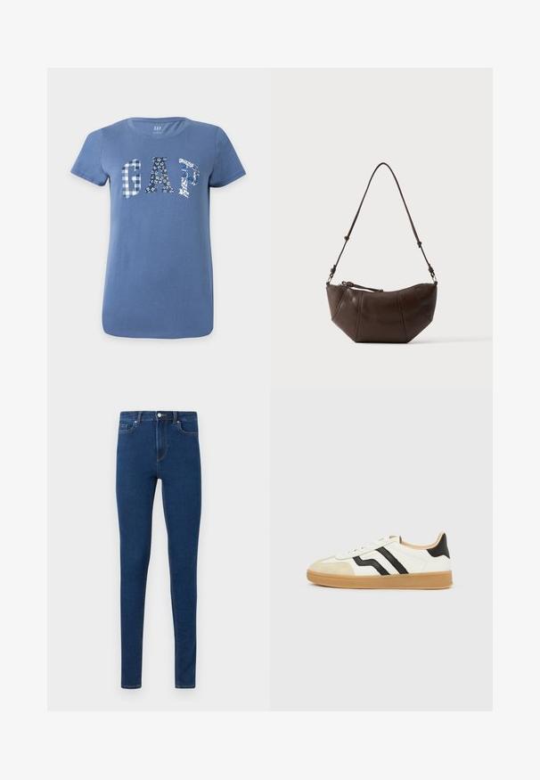 Μπλε κοντομάνικο T-shirt με "GAP" σε μεγάλα γράμματα στο μπροστινό μέρος, με κάθε γράμμα να έχει διαφορετικό μπλε και λευκό μοτίβο.; Σκούρα μπλε στενά τζιν με μπροστινό κουμπί, φερμουάρ και στιλ με πέντε τσέπες, εμφανιζόμενα σε απλό ανοιχτό φόντο.; Λευκό αθλητικό παπούτσι με μπεζ κάλυμμα στα δάχτυλα, μαύρες ρίγες στο πλάι, ανοιχτό καφέ σόλα και χαμηλό κόψιμο.; Καφέ δερμάτινη τσάντα ώμου με καμπύλο κάτω μέρος και ρυθμιζόμενο ιμάντα σε απλό ανοιχτό φόντο.